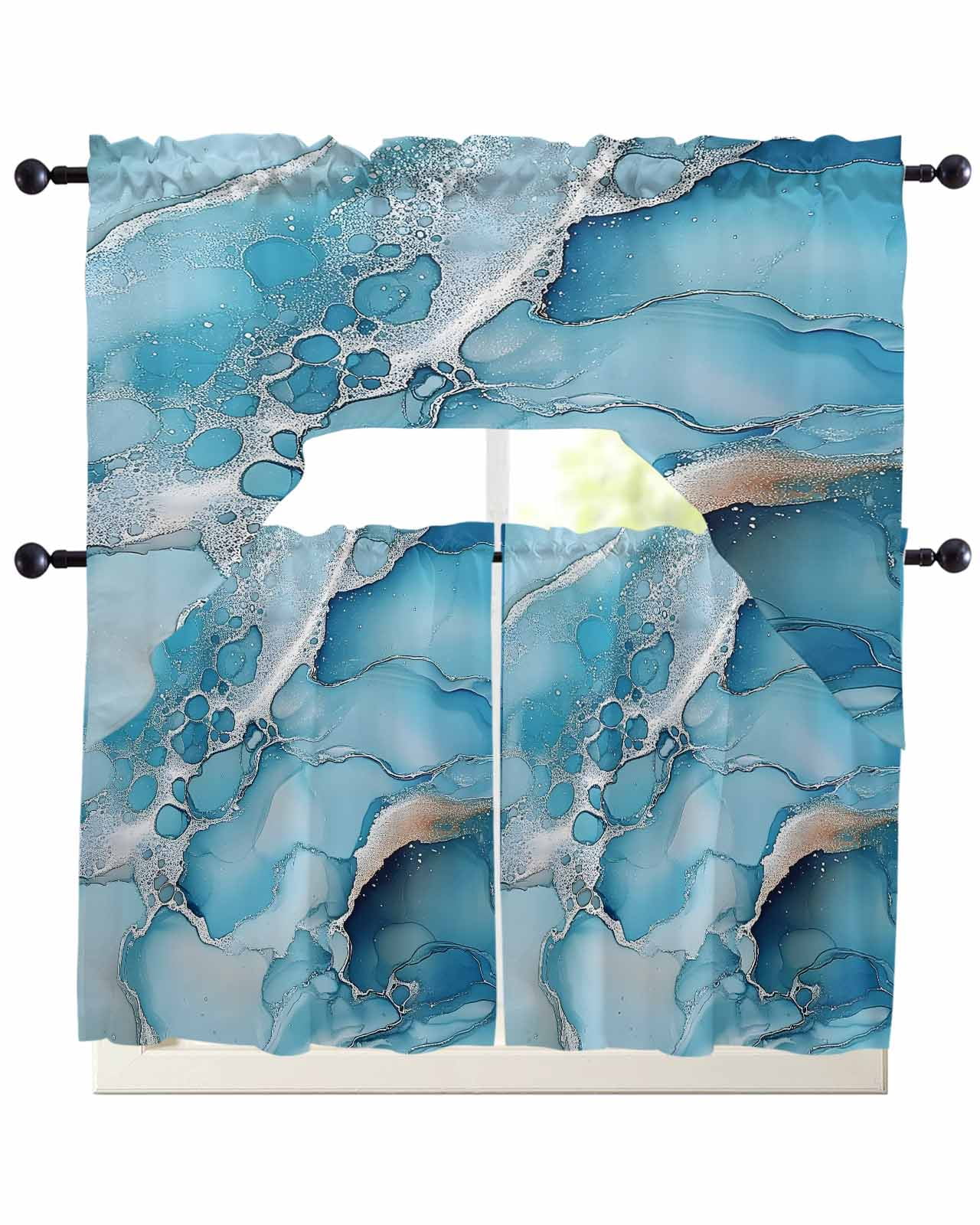 Blue Marble Kitchen Curtains Sets 36 Inch Length with Valance