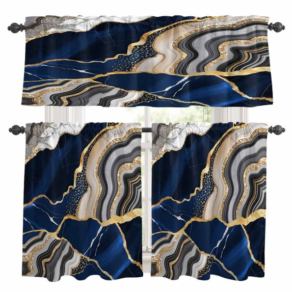 Blue Marble Kitchen Curtains Sets for Windows 36 Inch Length, Grey Gold Texture Vintage Farmhouse Art Rod Pocket Window Treatments Tier Curtains and Valances Set for Bedroom/Bathroom