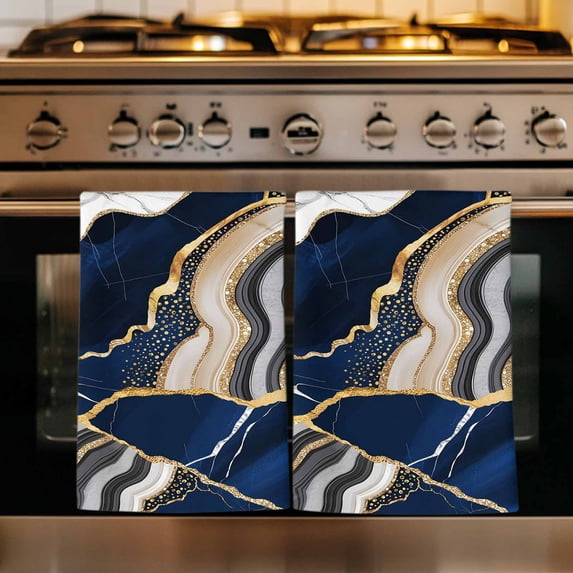 Blue Marble Kitchen Towels Set of 1, Grey Gold Texture Vintage Farmhouse Art Absorbent Dish Towels for Kitchen, Microfiber Hand Towel, Quick Drying Tea Towel for Cleaning Decorative Dishcloths