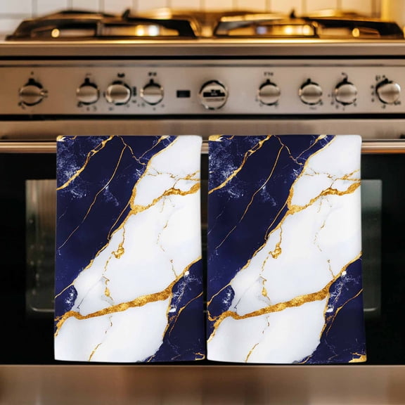 Blue Marble Kitchen Towels Set of 1, Luxury Gold White Abstract Cracks Artwork Absorbent Dish Towels for Kitchen, Microfiber Hand Towel, Quick Drying Tea Towel for Cleaning Decorative Dishcloths