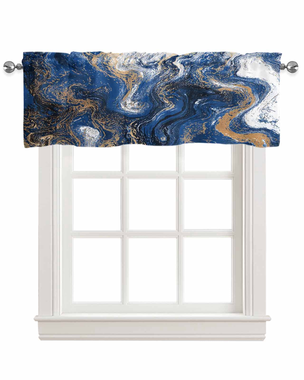 Blue Marble Kitchen Valances for Windows Farmhouse Linen Window Valance Curtain for Living Room Window Treatment Modern Minimalist Abstract Fluid Art Valance Rod Pocket Topper Drape, 42 x 12 Inch
