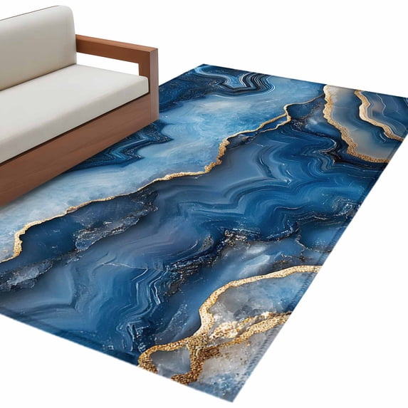 Blue Marble Large Area Rugs for Bedroom Living Room, Soft Non Slip Carpet Bedside Rug, Contemporary Abstract Golden Foil Texture Rectangular Floor Cover Kitchen Accent Rug 2.7'x5' for Office