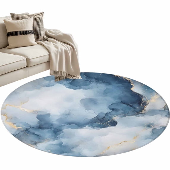 Blue Marble Large Area Rugs for Bedroom Living Room, Soft Non Slip Carpet Bedside Rug, Modern Abstract Art Ink Painted Round Floor Cover Kitchen Accent Rug 3' for Dining Room/Office