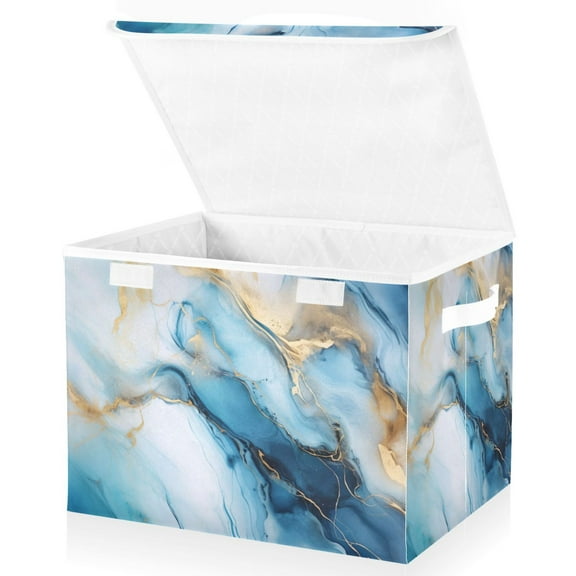 Blue Marble Large Lidded Bin Foldable Storage Baskets Boxes Cubes Lids with 2 Handles for Home Bedroom Office 16.5x12.6x11.8inch