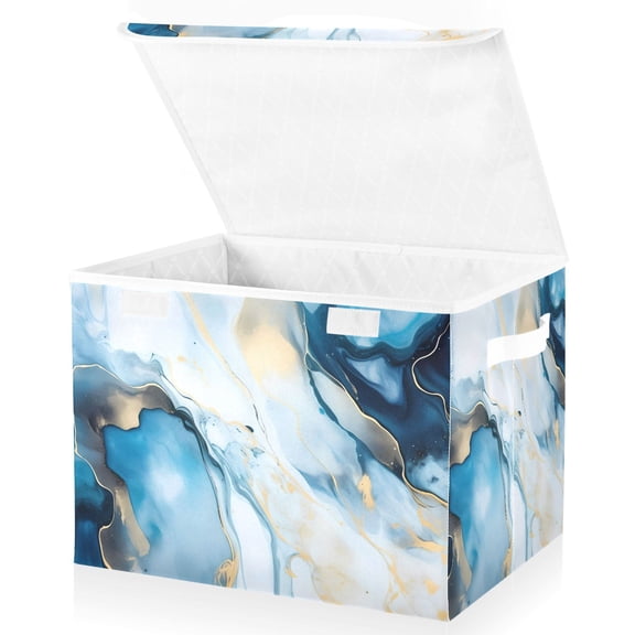 Blue Marble Large Lidded Bin Foldable Storage Baskets Boxes Cubes Lids with 2 Handles for Home Bedroom Office 16.5x12.6x11.8inch