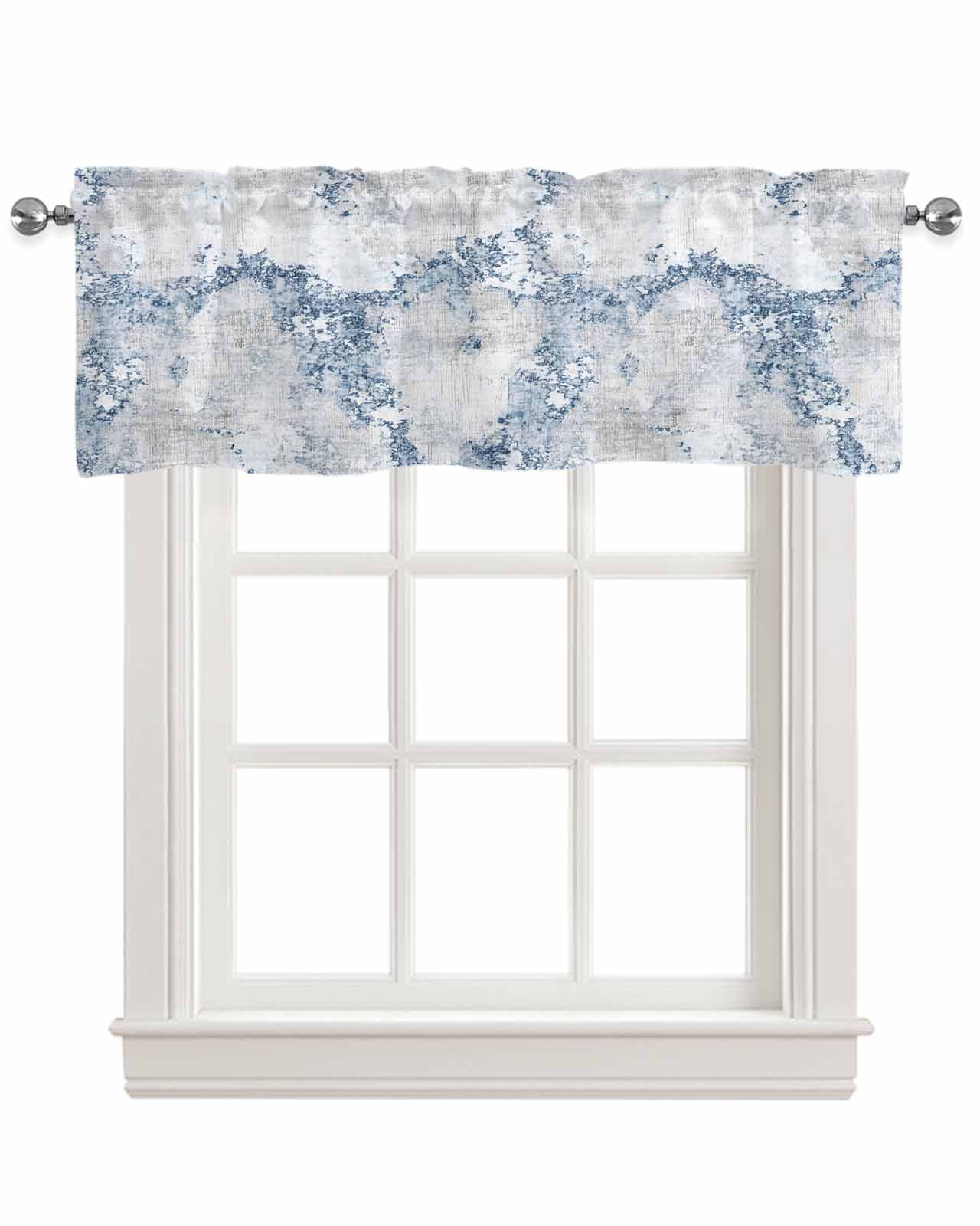 Blue Marble Linen Curtain Valance for Bedroom/Bathroom/Kitchen/Office/Living/Dining Room Window,Abstract Grey Gray Modern Minimalist Decor Pocket Topper Drapes Decorative Cafe Drapery Panel 42"x18"