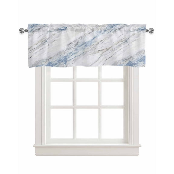 Blue Marble Linen Curtain Valance for Bedroom/Bathroom/Kitchen/Office/Living/Dining Room Window,Modern Abstract White Grey Aesthetics Art Pocket Topper Drapes Decorative Cafe Drapery Panel 60"x18"