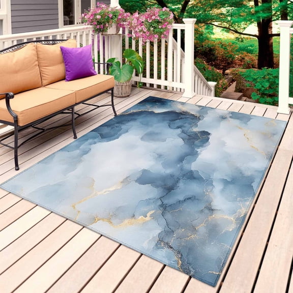 Blue Marble Outdoor Rug for Patio/Deck/Porch, Non-Slip Large Area Rug 4 x 6 Ft, Modern Abstract Art Ink Painted Indoor Outdoor Rugs Washable Area Rugs, Reversible Camping Rug Carpet Runner
