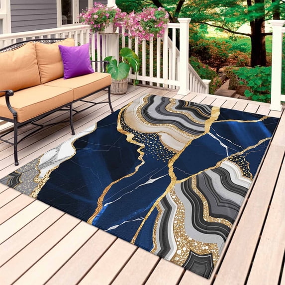 Blue Marble Outdoor Rug for Patio/Deck/Porch, Non-Slip Large Area Rug 6 x 9 Ft, Grey Gold Texture Vintage Farmhouse Art Indoor Outdoor Rugs Washable Area Rugs, Reversible Camping Rug Carpet Runner