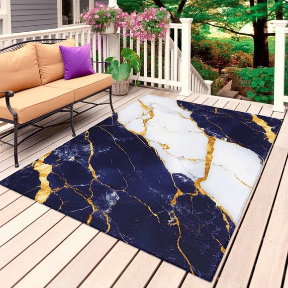 Blue Marble Outdoor Rug for Patio/Deck/Porch, Non-Slip Large Area Rug 6 x 9 Ft, Luxury Gold White Abstract Cracks Artwork Indoor Outdoor Rugs Washable Area Rugs, Reversible Camping Rug Carpet Runner