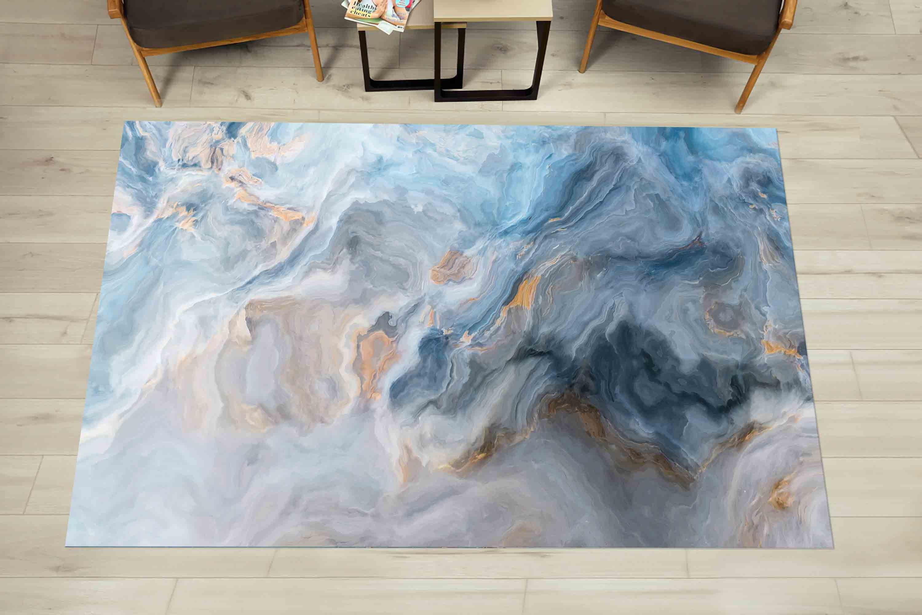 Blue Marble Painting Rug, Blue And Gray Marble Rug, Alcohol Ink Rug, Easy To Clean Rug, Hallway