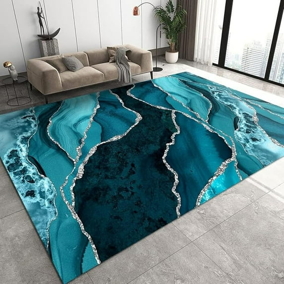 Blue Marble Pattern Area Rug, Modern Turquoise Rugs For Living Room, With Anti-Slip Backing Washable Indoor Carpet For Living Room Bedroom Study Dining Room 3x4ft