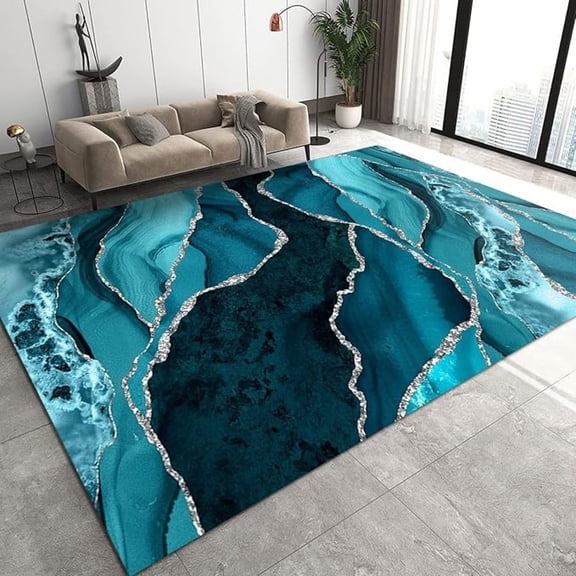 Blue Marble Pattern Area Rug, Modern Turquoise Rugs For Living Room, With Anti-Slip Backing Washable Indoor Carpet For Living Room Bedroom Study Dining Room 4x6ft