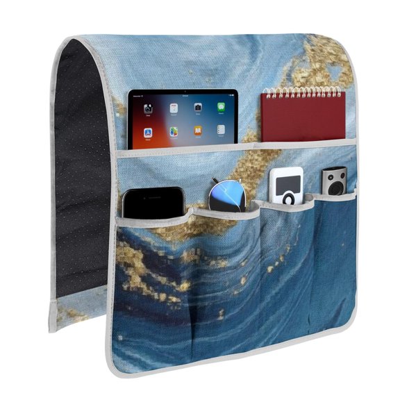 Blue Marble Pattern Armrest Organizer, Linen Polyester Armchair Storage Bag with 6 Pockets, Large Capacity Gifts for Family Friends,13"x35"