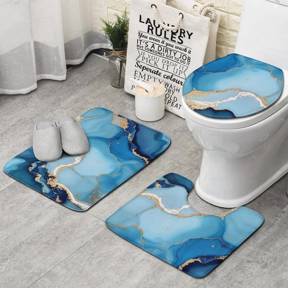 Blue Marble Pattern Bathroom Rug Set 3 Piece, Flannel Bathroom Shower ...