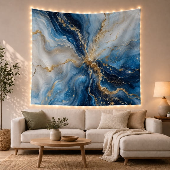 Blue Marble Pattern with Gold Veins on Polished Stone, Serene Abstract for Modern Art Lovers, Decorative Wall Art, Housewarming Gift, Tapestry Wall Hanging for Bedroom and Living Room