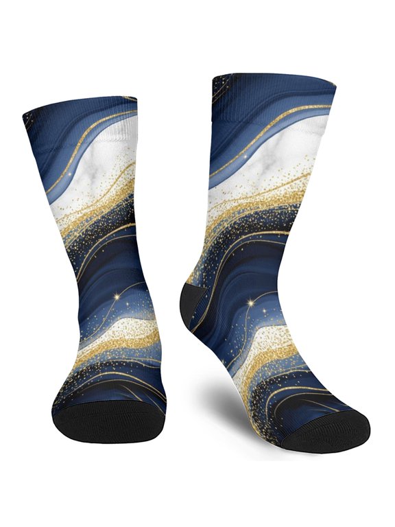 Blue Marble Pattern Men's Mid-calf Crew Socks, Running Sports Socks with Reinforced Heel & Toe, Moisture Wicking Gifts Ideas for Holiday Birthday Gifts