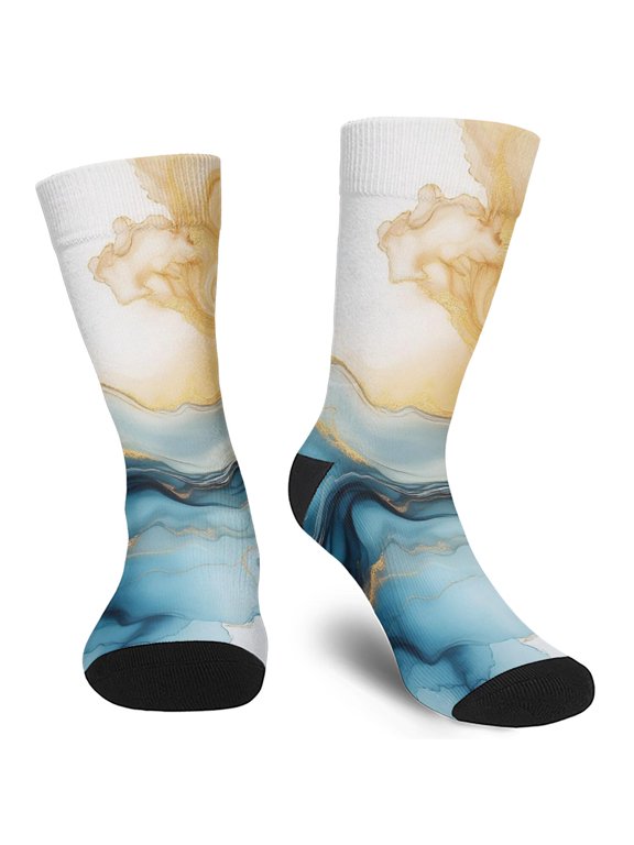 Blue Marble Pattern Men's Mid-calf Crew Socks, Running Sports Socks with Reinforced Heel & Toe, Soft Stretchy Gifts Ideas for Holiday Birthday Gifts