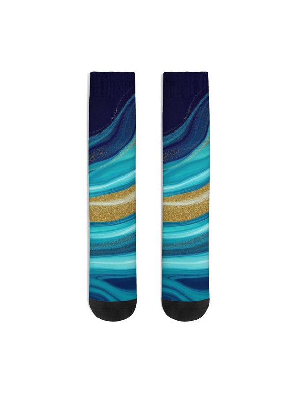 Blue Marble Pattern Women's Crew Socks, Mid-calf Polyester Running Athletic Socks with Reinforced Heel & Toe, Soft Stretchy Gifts Ideas for Holiday Birthday Gifts