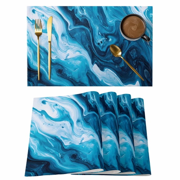 Blue Marble Placemats Set of 4 Abstract Vintage White Oil Painting Place Mats Indoor Wipeable Table Mats Washable Cloth Dining Table Placemats for Kitchen Holiday Party Home Decor 13x19 Inch