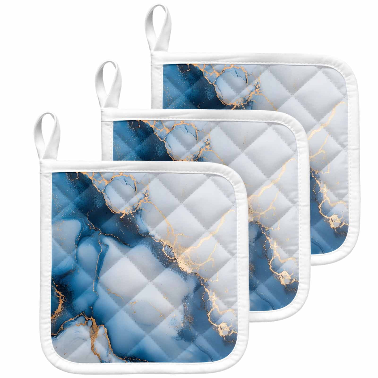 Blue Marble Pot Holders for Kitchen Heatproof Potholder, 3 Pack Modern Gray Golden Abstract Gradient Art Hot Pads Multipurpose Oven Pads Cloth Potholders Trivet for Cooking Baking