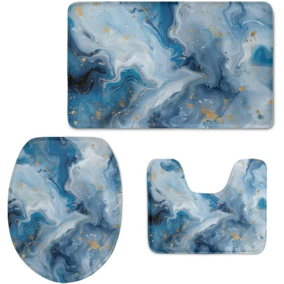 Blue Marble Print Bathroom Rug Set Bath Rug + Contour Mat + Toilet Seat Cover Non-Slip and Super Absorbent Bathroom Rug Machine Washable Bath Carpet for Bathroom