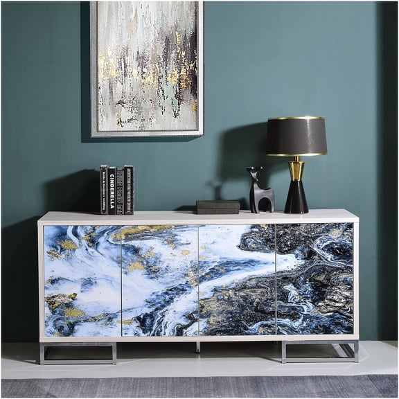Blue Marble Print & Chrome Base Console Cabinet with Storage, Multi-Color Modern Accent Furniture for Living Room