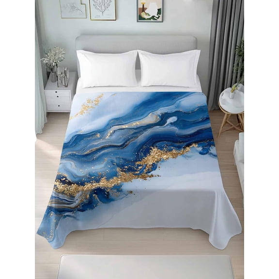 Blue Marble Queen Size Flat Sheet, Wrinkleproof & Fadeproof Cooling Flat Bed Sheet Only, Modern Abstract Art Breathable Soft Bedding Top Sheets 90 x 102 Inches