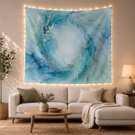 Blue Marble Ring With Aqua Ink Flow, Calming Abstract Style for Art Lovers, Watercolor Wall Art, Housewarming Gift, Tapestry Wall Hanging for Bedroom, Living Room and Dorm