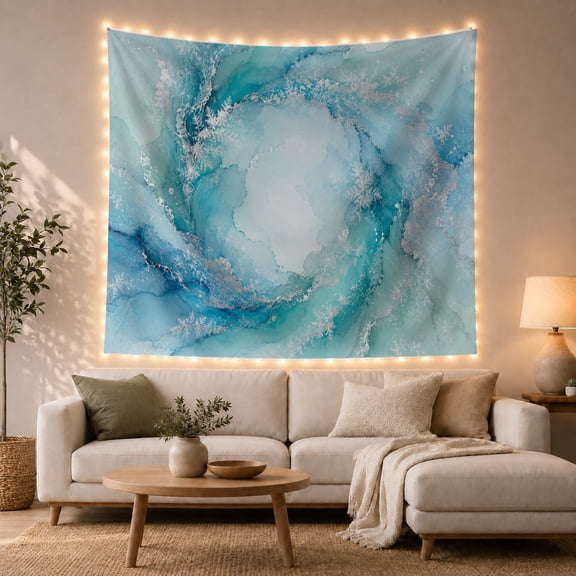 Blue Marble Ring With Aqua Ink Flow, Calming Abstract Style for Art Lovers, Watercolor Wall Art, Housewarming Gift, Tapestry Wall Hanging for Bedroom, Living Room and Dorm