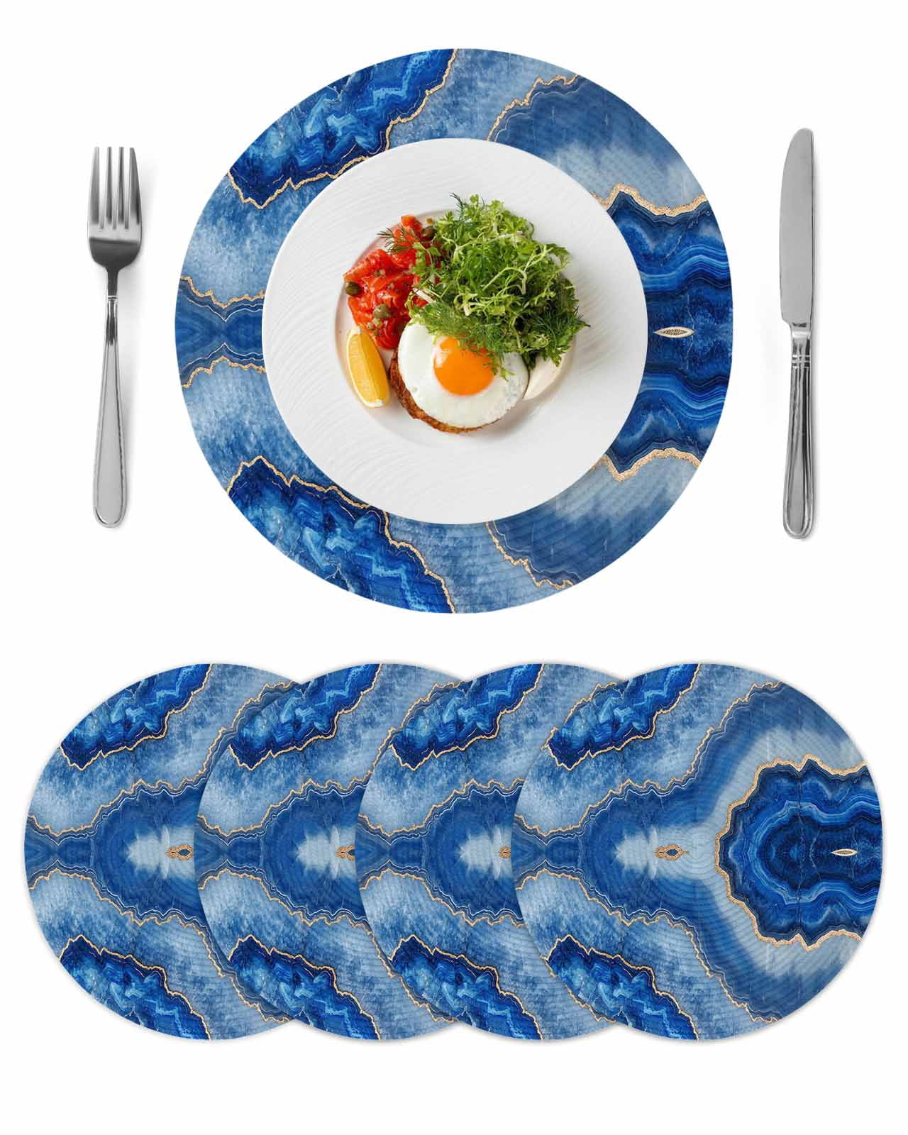 Blue Marble Round 13 Inch Placemats Set of 4, Modern Luxury Granite ...