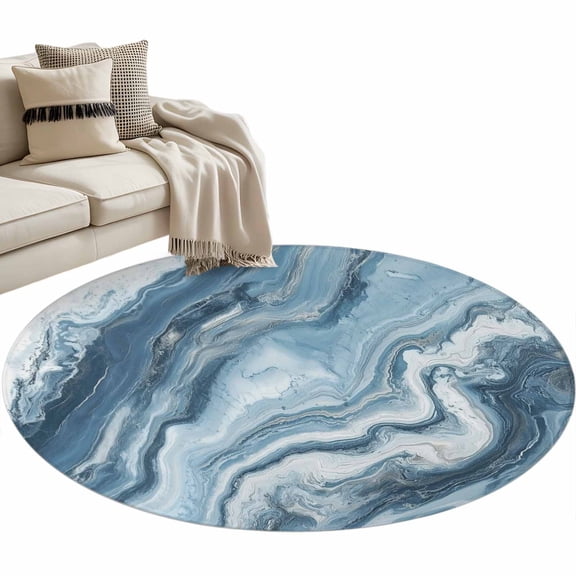 Blue Marble Round Area Rug 4ft, Abstract Ink Painting Art Modern Washable Non-Slip Circle Rugs for Bedroom Living Room Kitchen, Soft Non Shedding Circle Carpet for Dining Room Dorm