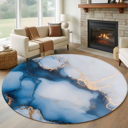 Blue Marble Round Area Rug 7 FT, Non Slip Living Room Area Carpet, Modern Gray Golden Abstract Gradient Art Washable Soft Circular Rug Non-Shedding Floor Carpet for Bedside Office Play Room Classroom