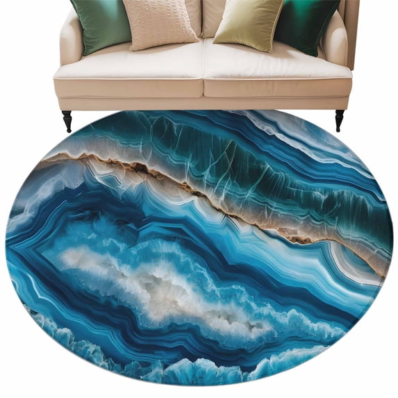 Blue Marble Round Rug 6ft Washable Circle Kitchen Rugs Non Slip Modern ...