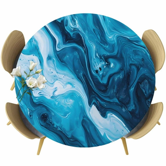 Blue Marble Round Tablecloth 36-44 Inch Round Fitted Table Cloth with Elastic Edge, Abstract Vintage White Oil Painting Waterproof Table Cover Protector for Outdoor Picnic Party Dining