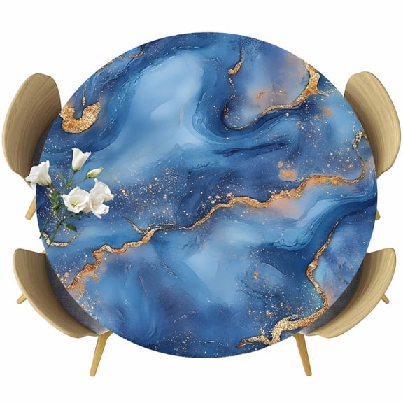 Blue Marble Round Tablecloth 55-60 Inch Round Fitted Table Cloth with Elastic Edge, Ink Painting Modern Abstract Ombre Waterproof Table Cover Protector for Outdoor Picnic Party Dining