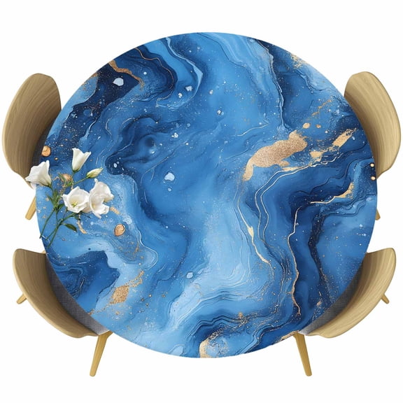 Blue Marble Round Tablecloth 55-60 Inch Round Fitted Table Cloth with Elastic Edge, Modern Ombre Abstract Ink Painting Waterproof Table Cover Protector for Outdoor Picnic Party Dining