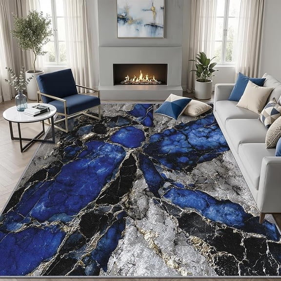 Blue Marble Rugs for Living Room, Blue Black Grey Washable Rugs for Living Room Bedroom, Luxury Modern Area Rug, Contemporary Agate Carpet - Decor, Marble Gifts 5 x 6ft