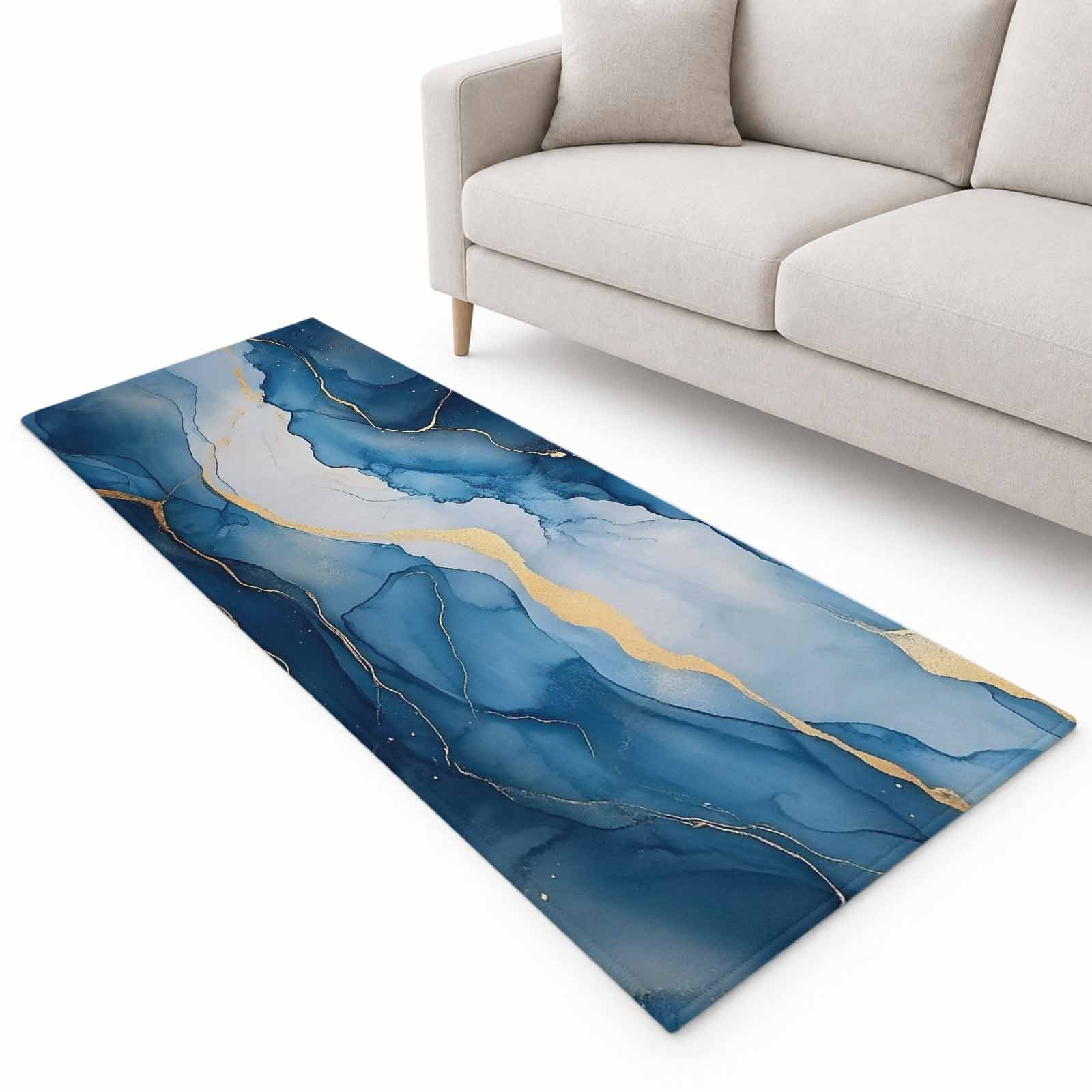 Blue Marble Runner Rug 2.6'x8', Gradient Golden Texture Fluid Abstract ...
