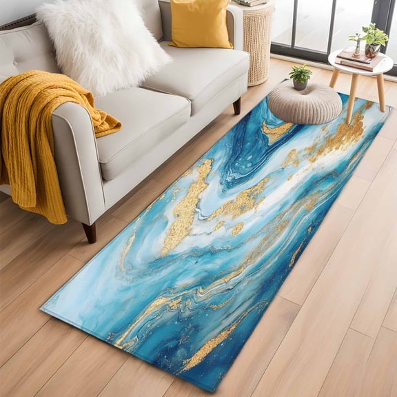 Blue Marble Runner Rug 2x6 FT,Non Slip Hallway Rugs,Luxury Yellow Modern Ink Painting Art Washable Soft Floor Carpet Throw Runner Carpet Long Rugs for Entryway Kitchen Bedside Sliding Door