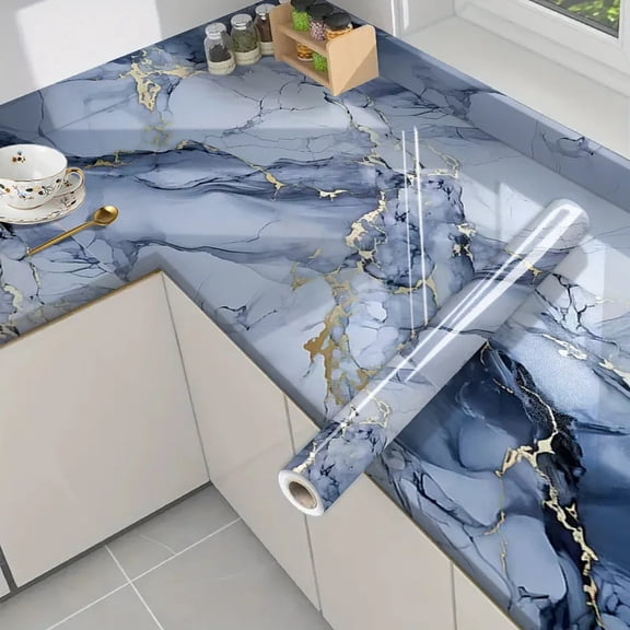 Blue Marble Self‑Adhesive PVC Vinyl Film, Waterproof Oil‑Proof Heat Resistant Removable Wallpaper for Kitchen Countertop Backsplash Decor
