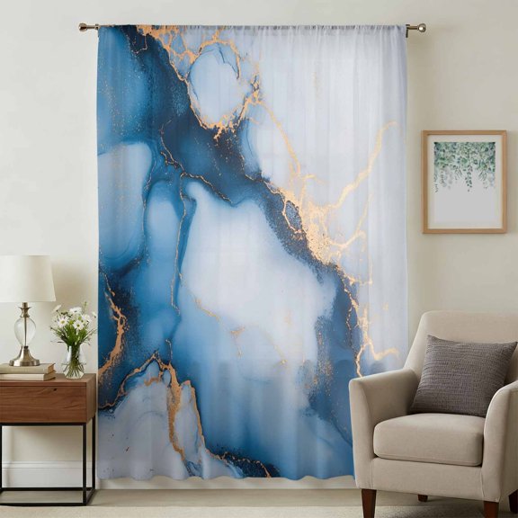 Blue Marble Sheer Curtains 45 Inches Long, Modern Gray Golden Abstract Gradient Art Light Filering Curtains, Breathable Simi Curtain Privacy Drapes for Kitchen Bathroom Small Window Treatment