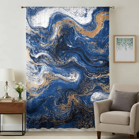 Blue Marble Sheer Curtains 45 Inches Long, Modern Minimalist Abstract Fluid Art Light Filering Curtains, Breathable Simi Curtain Privacy Drapes for Kitchen Bathroom Lightweight Small Window Treatment