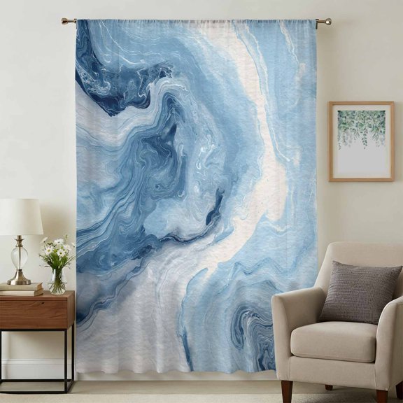 Blue Marble Sheer Curtains 45 Inches Long, Summer Ocean Wave Blue Ombre Light Filering Curtains, Breathable Simi Curtain Privacy Drapes for Kitchen Bathroom Lightweight Small Window Treatment