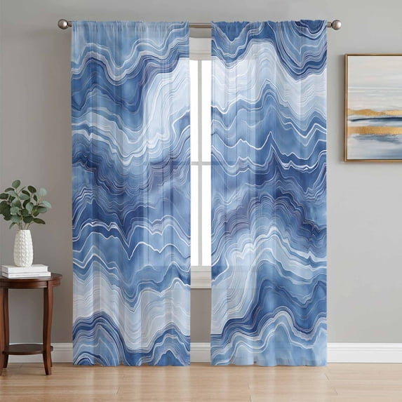 Blue Marble Sheer Curtains 72 Inch Length 2 Panels Set, Modern Farmhouse Ombre Abstract Pattern Voile Window Treatment Rod Pocket Curtains Sheers Drapes for Bedroom/Living Room/Kitchen 52"x72"x2