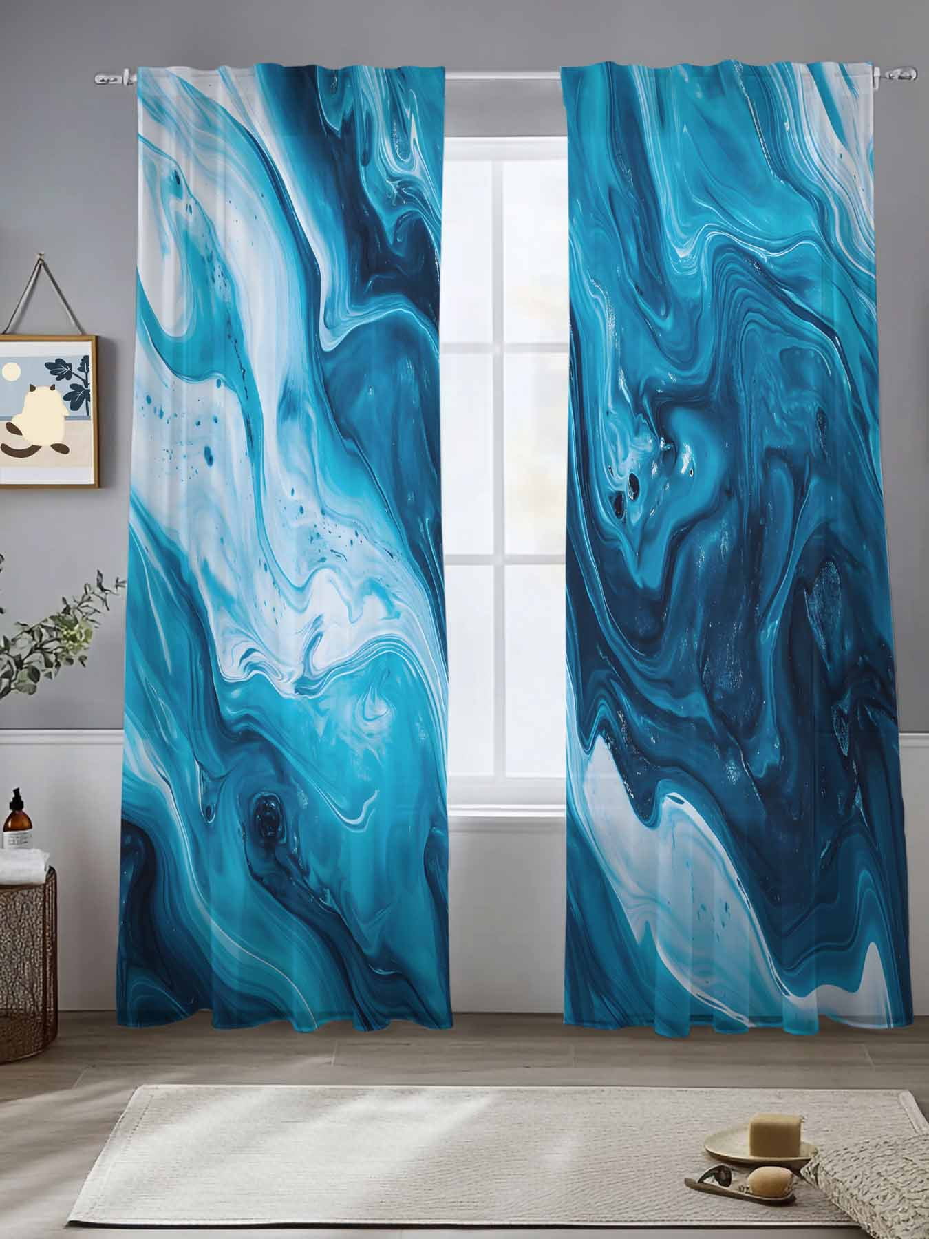 Blue Marble Sheer Curtains for Living Room Bedroom Abstract Vintage