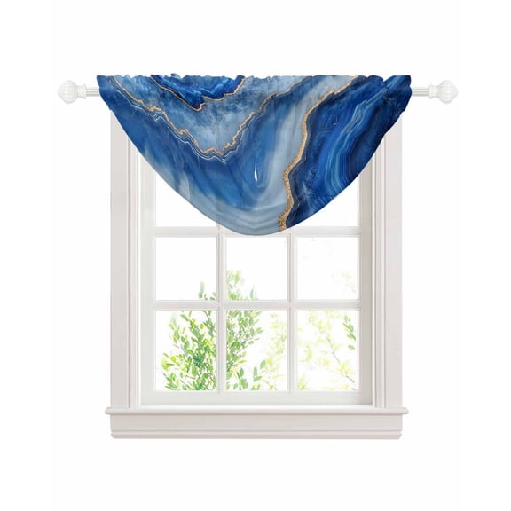 Blue Marble Sheer Waterfall Valance Curtains for Window, Modern Luxury Granite Surface Motif Sketch Rod Pocket Sheer Topper Swag Curtains for Living Room, Kitchen 38.5"W x 47.2"L, 1 Panel