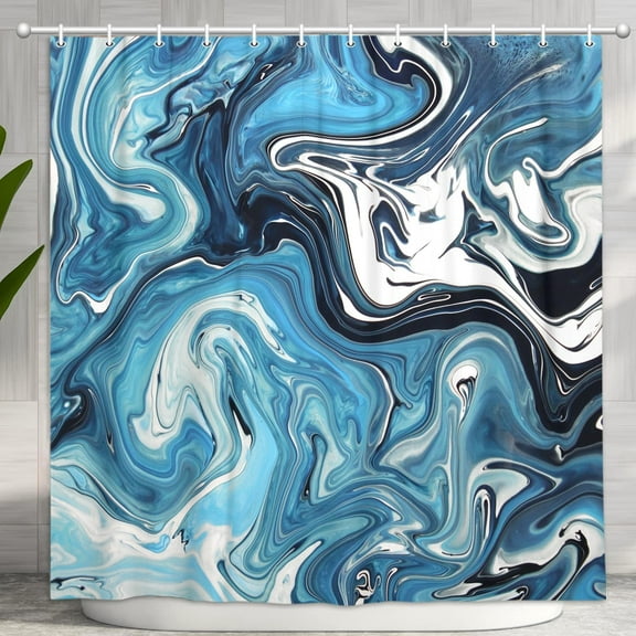 Blue Marble Shower Curtain, Abstract Modern Ink Art Decor Waterproof Fabric Shower Curtain for Luxury Bathroom Decor with Hooks, 72X72in