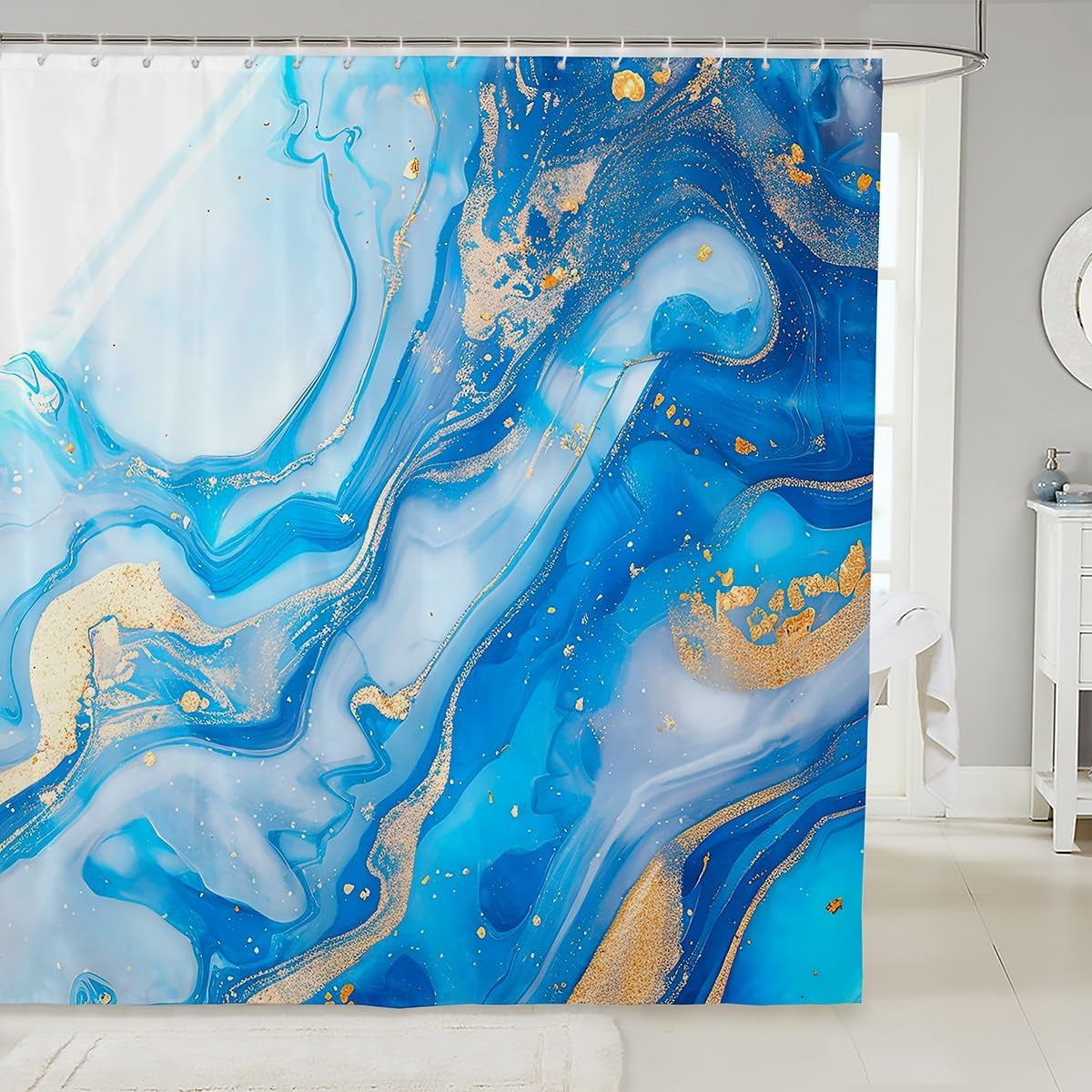 Blue Marble Shower Curtain for Bathroom,Teal White Gold Marble Art