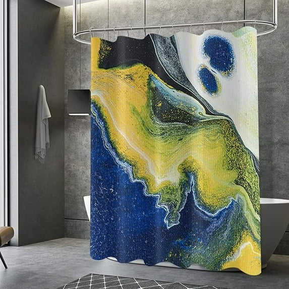 Blue Marble Shower Curtain, Blue Yellow Black Colorful Pattern Texture Shower Curtains Ink Art Painting Bathroom Bathtub Decor Waterproof Fabric Machine Washable With 12 Hooks 72"W x 96"L